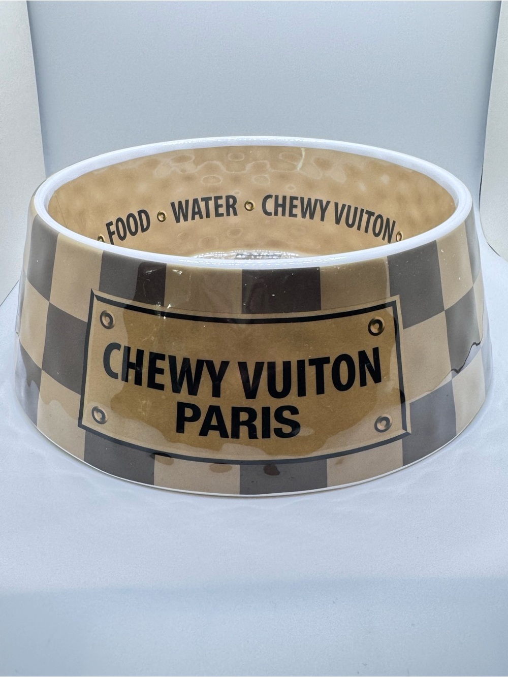 Chewy Vuiton Paris Dog Bowl Tan & Brown Checkered “Luxury” Pet Food Water Bowl - Picture 1 of 8